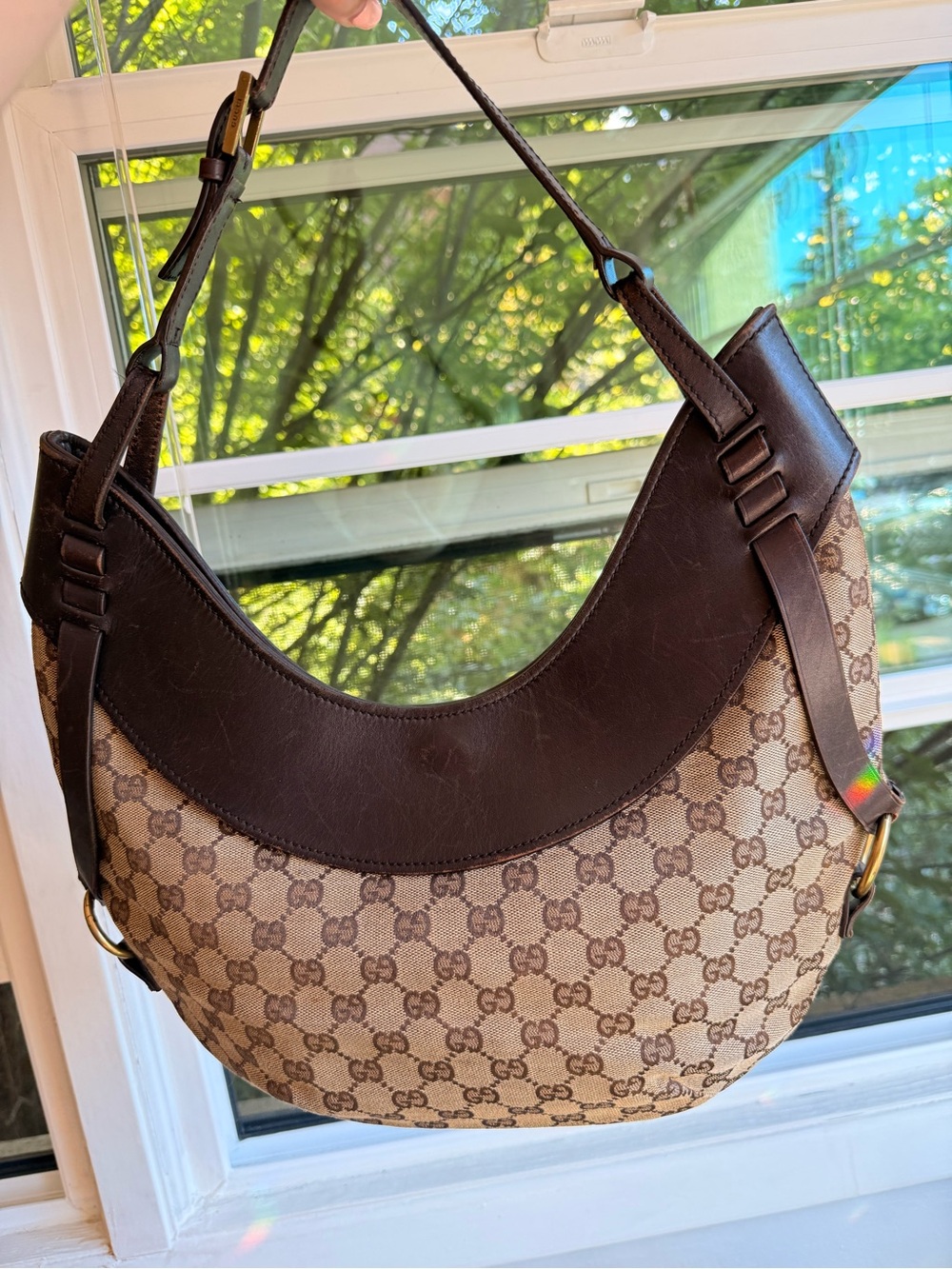 Gucci Beige GG Canvas and Dark Brown Leather Hobo Shoulder Bag